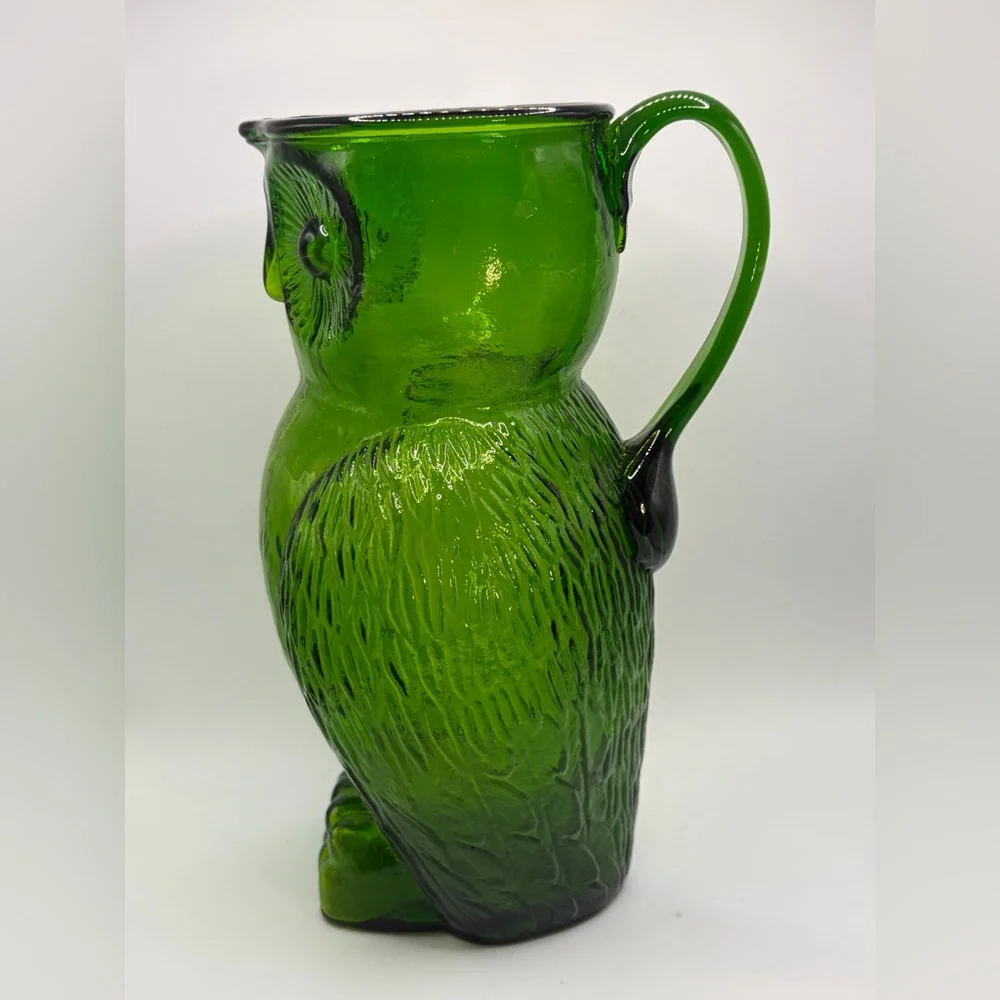 Vintage Green Art Glass Owl Figure Pitcher / Vase, Cottagecore Whimsigoth Decor